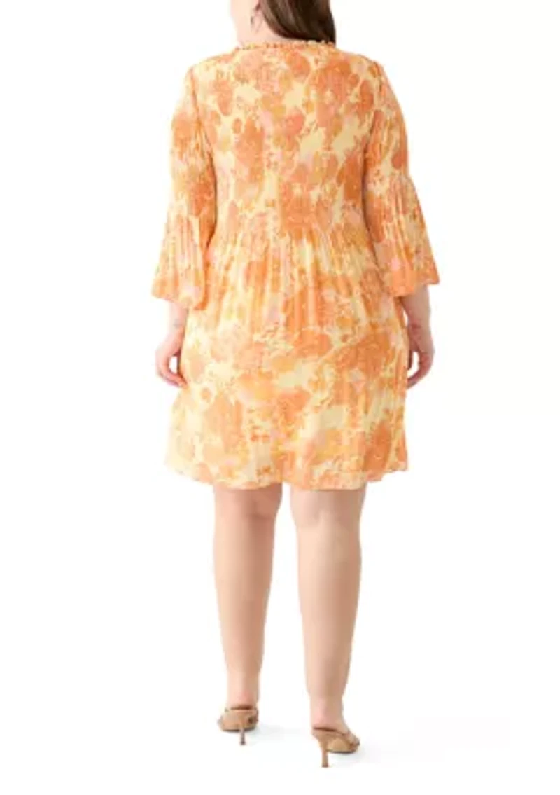 Plus Long Sleeve V-Neck Floral Print Pleater Dress
