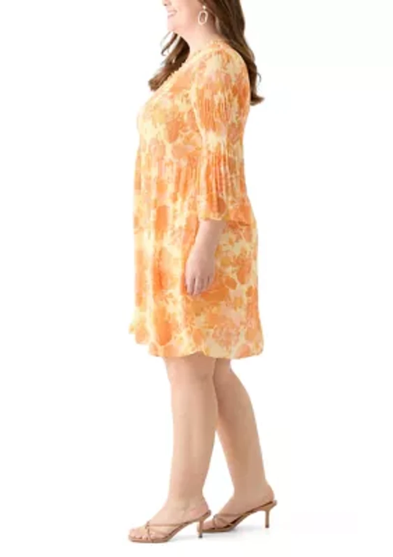 Plus Long Sleeve V-Neck Floral Print Pleater Dress
