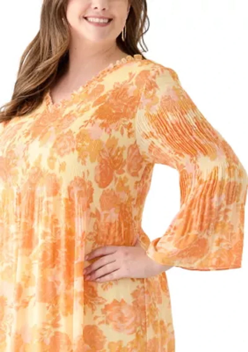 Plus Long Sleeve V-Neck Floral Print Pleater Dress