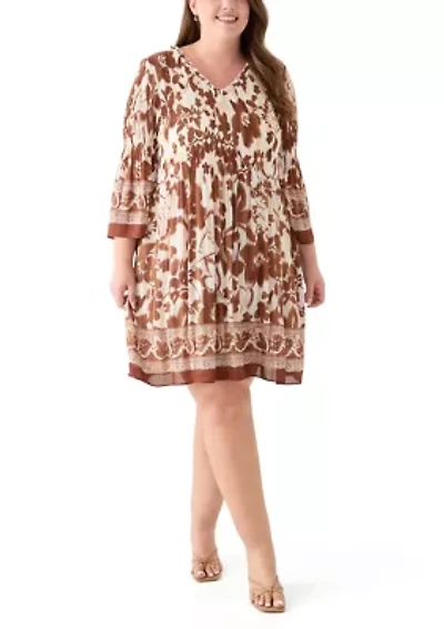 Plus Long Sleeve V-Neck Floral Print Pleater Dress