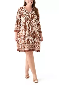 Plus Long Sleeve V-Neck Floral Print Pleater Dress