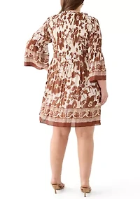 Plus Long Sleeve V-Neck Floral Print Pleater Dress