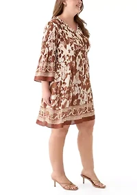 Plus Long Sleeve V-Neck Floral Print Pleater Dress