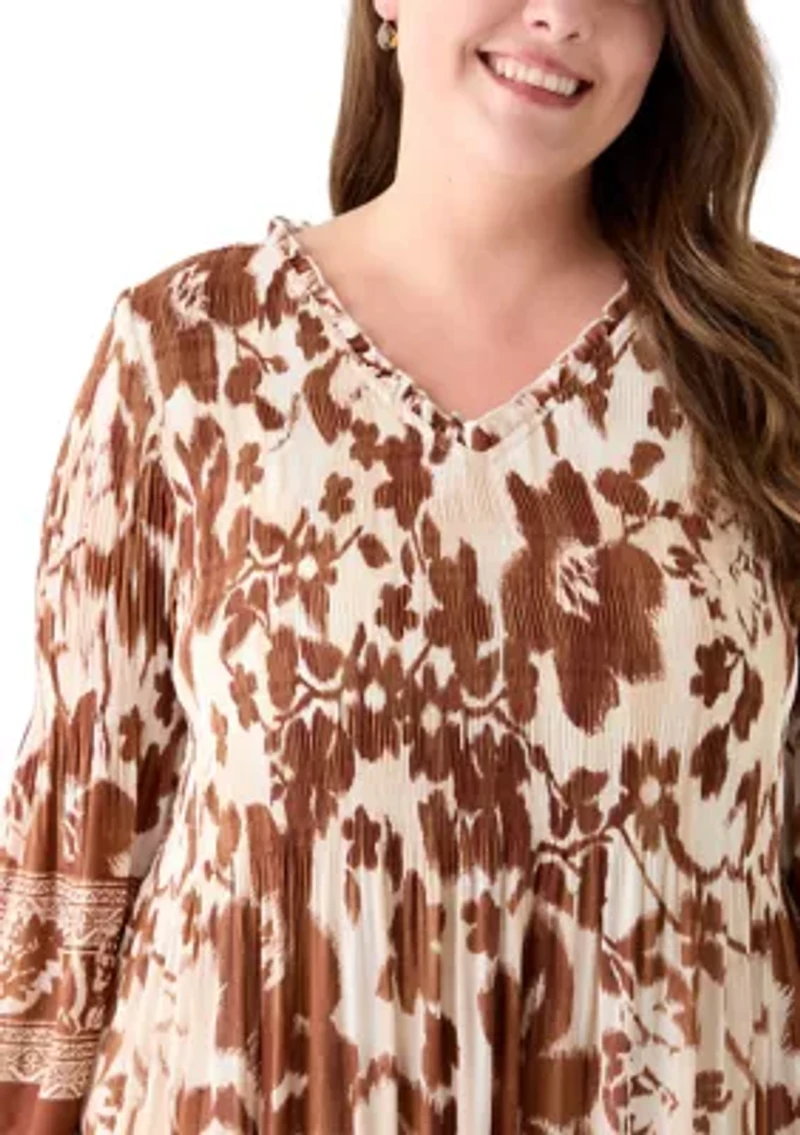 Plus Long Sleeve V-Neck Floral Print Pleater Dress