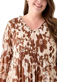 Plus Long Sleeve V-Neck Floral Print Pleater Dress