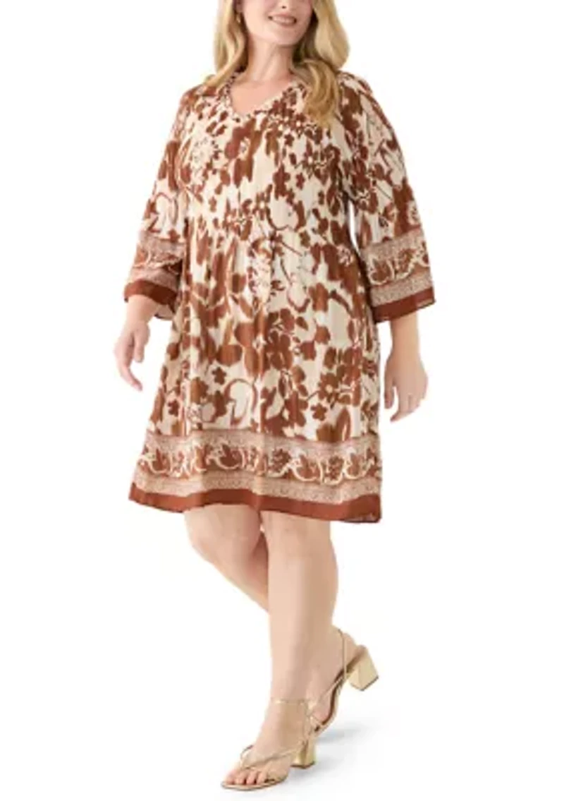 Plus 3/4 Bell Sleeve Pleater Mini Dress