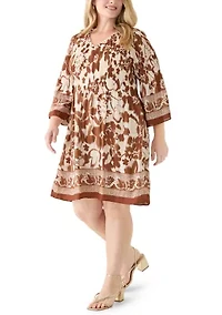 Plus 3/4 Bell Sleeve Pleater Mini Dress