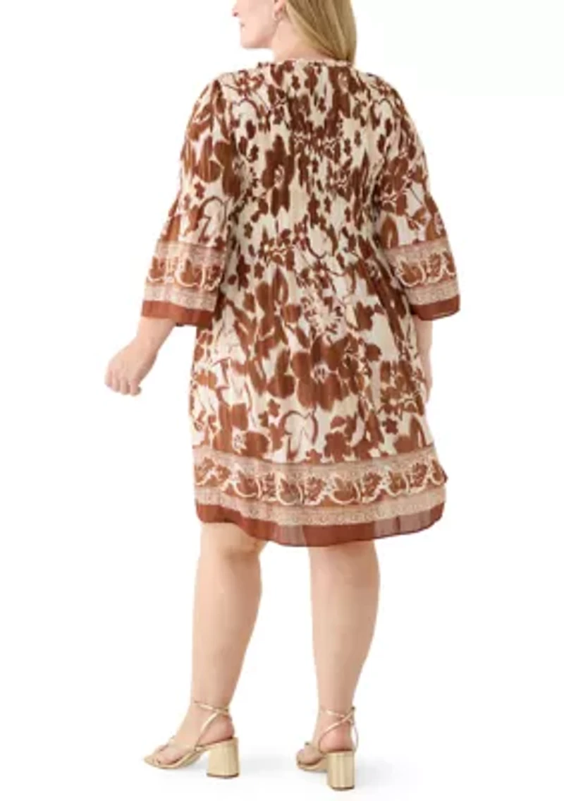 Plus 3/4 Bell Sleeve Pleater Mini Dress