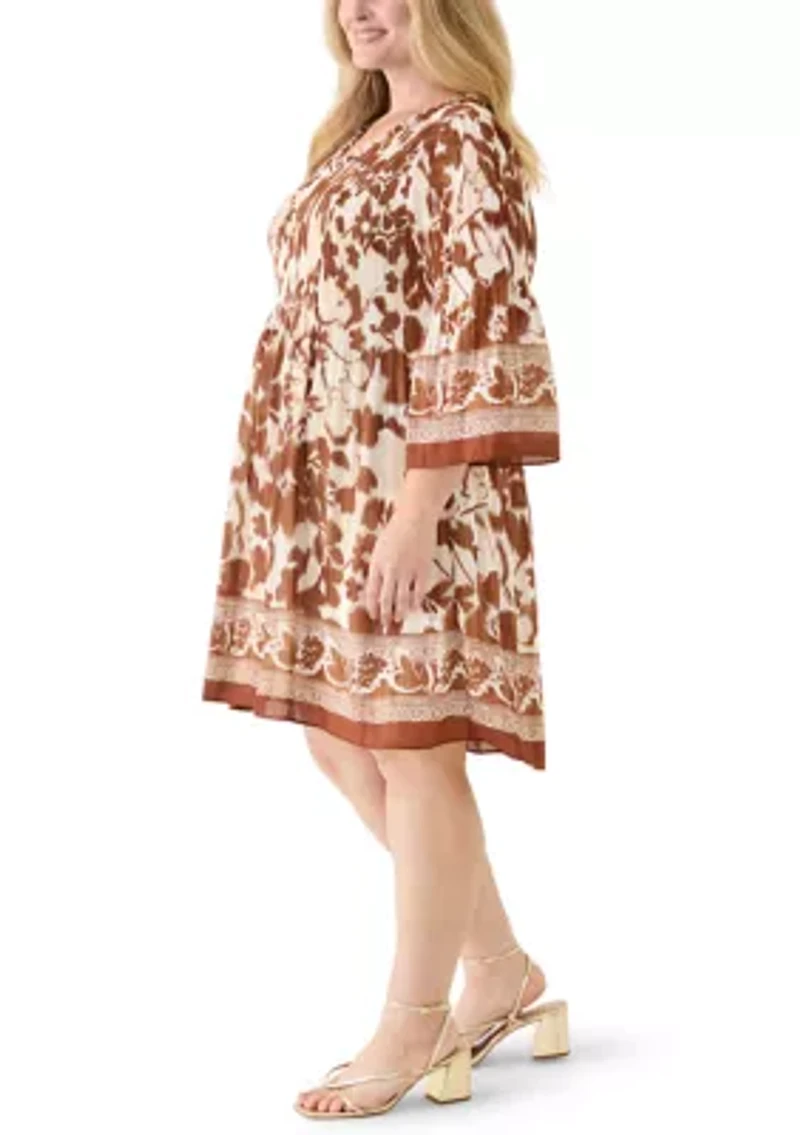 Plus 3/4 Bell Sleeve Pleater Mini Dress