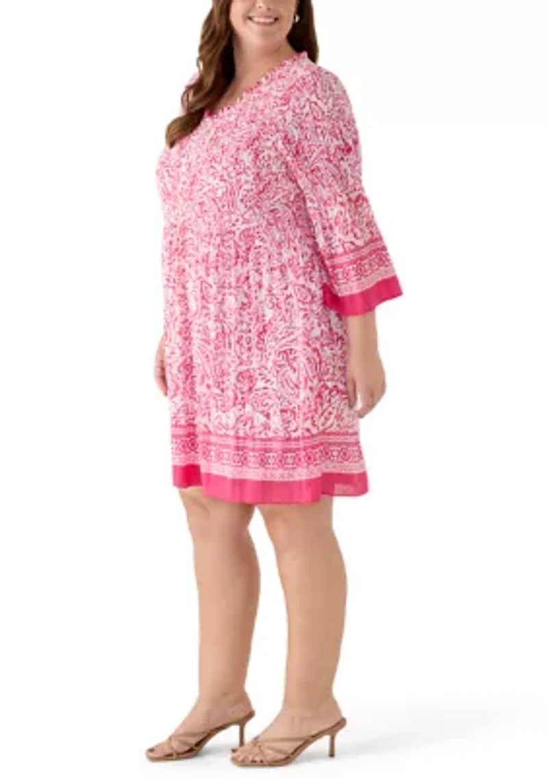 Plus V-Neck Pleated Dress