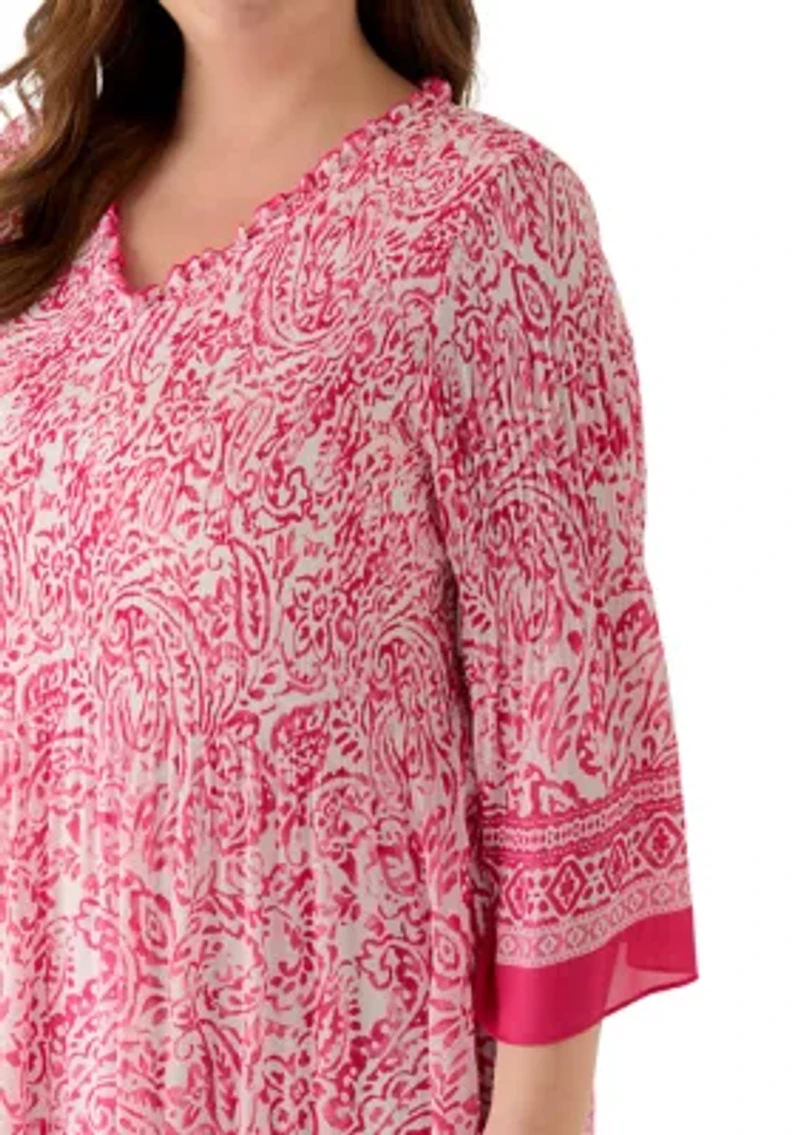 Plus V-Neck Pleated Dress