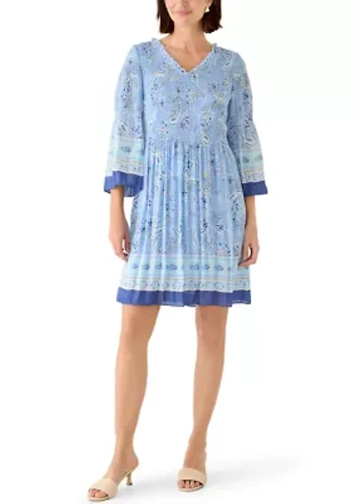 Women's Three-Quarter Bell Sleeve Chiffon Pleated Mini Dress