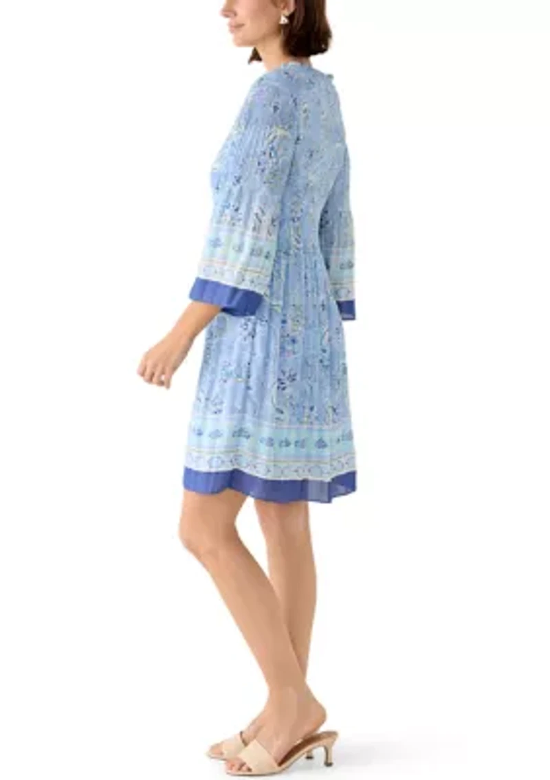Women's Three-Quarter Bell Sleeve Chiffon Pleated Mini Dress