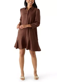 Women's 3/4 Sleeve Collar Neck Solid A-Line Dress