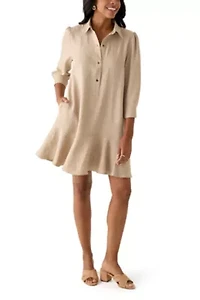 Women's 3/4 Sleeve Collar Neck Solid A-Line Dress