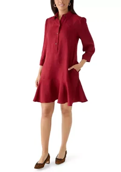 Women's 3/4 Sleeve Collar Neck Solid A-Line Dress