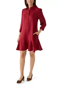 Women's 3/4 Sleeve Collar Neck Solid A-Line Dress