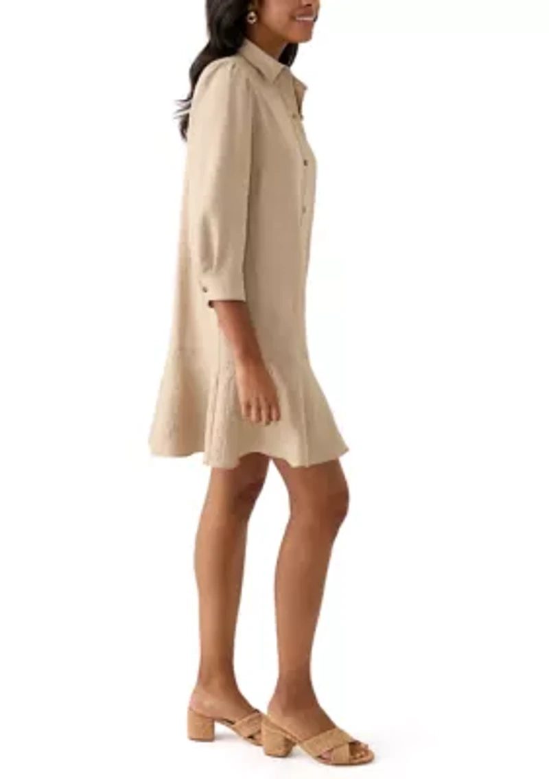 Women's 3/4 Sleeve Collar Neck Solid A-Line Dress