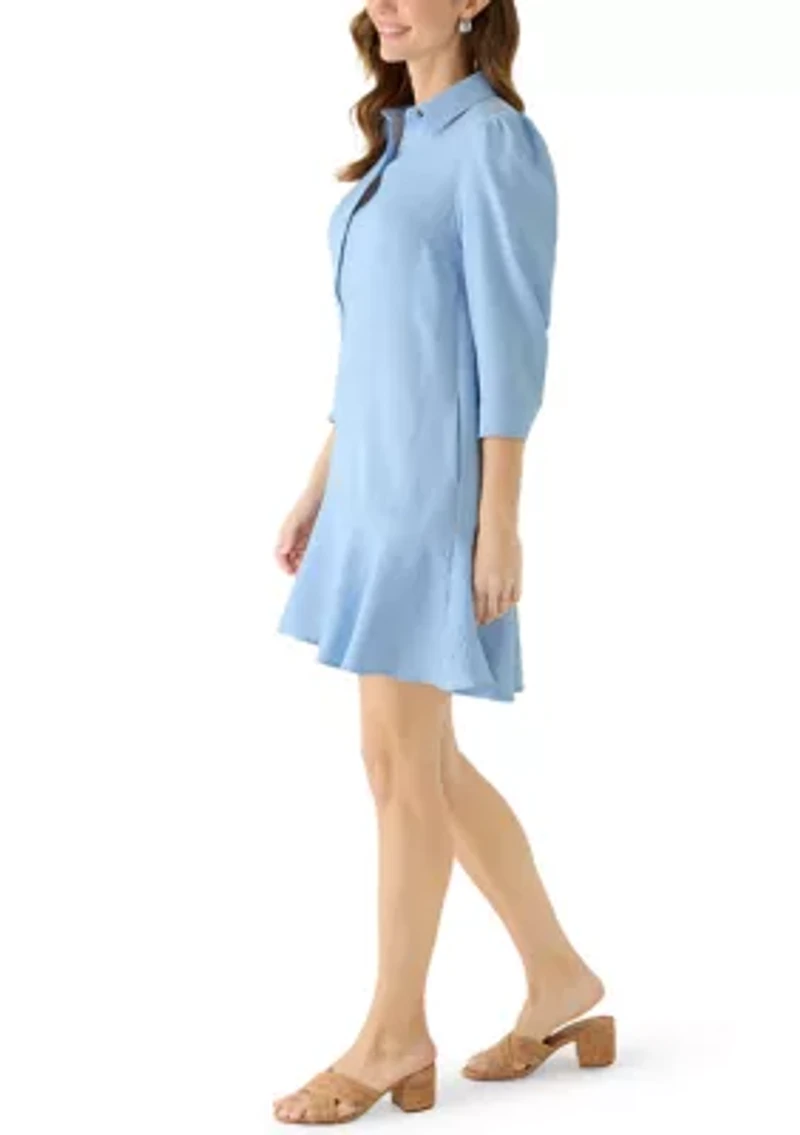 Women's 3/4 Sleeve Collar Neck Solid A-Line Dress