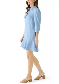 Women's 3/4 Sleeve Collar Neck Solid A-Line Dress