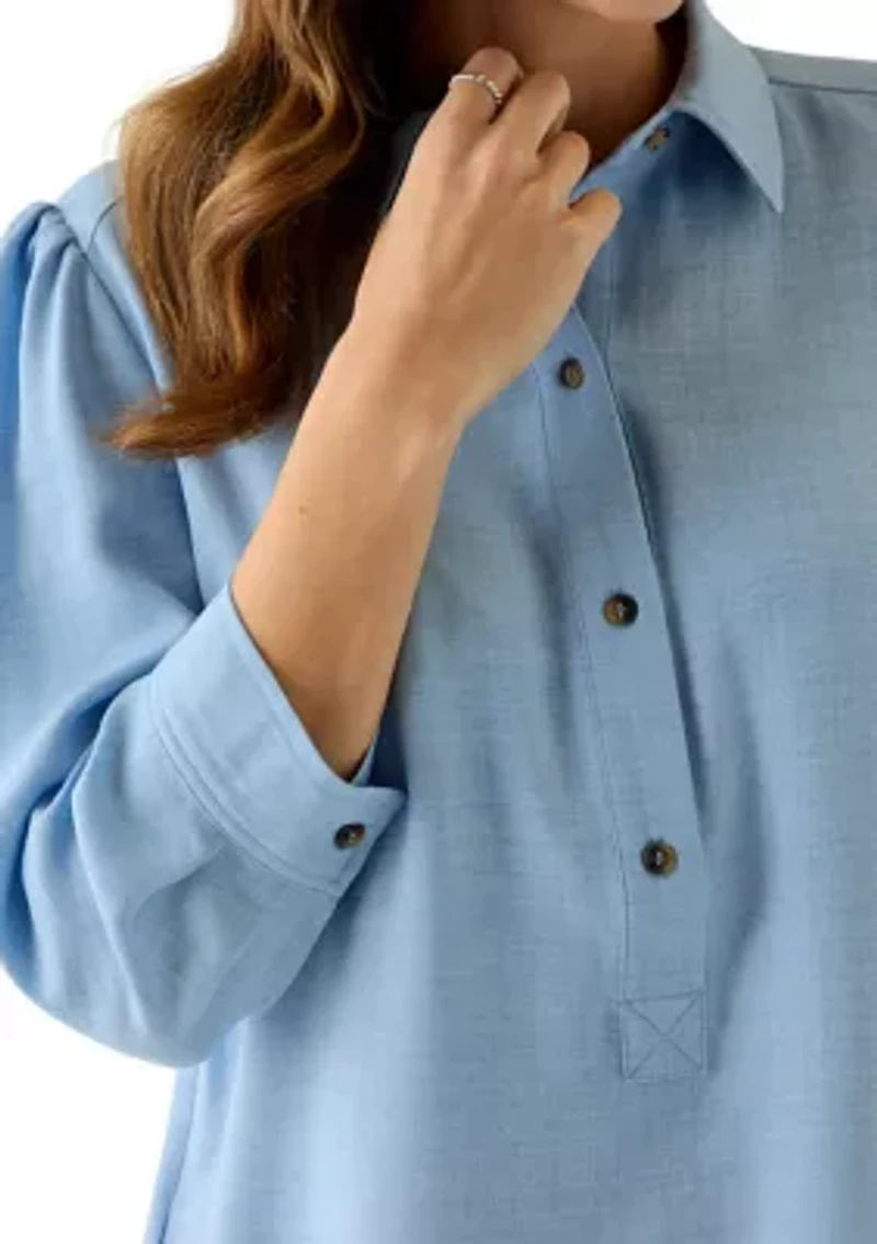 Women's 3/4 Sleeve Collar Neck Solid A-Line Dress