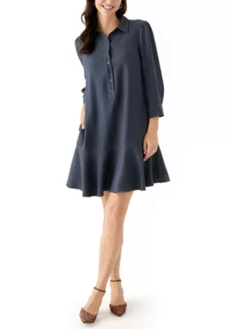 Women's 3/4 Sleeve Collar Neck Solid A-Line Dress