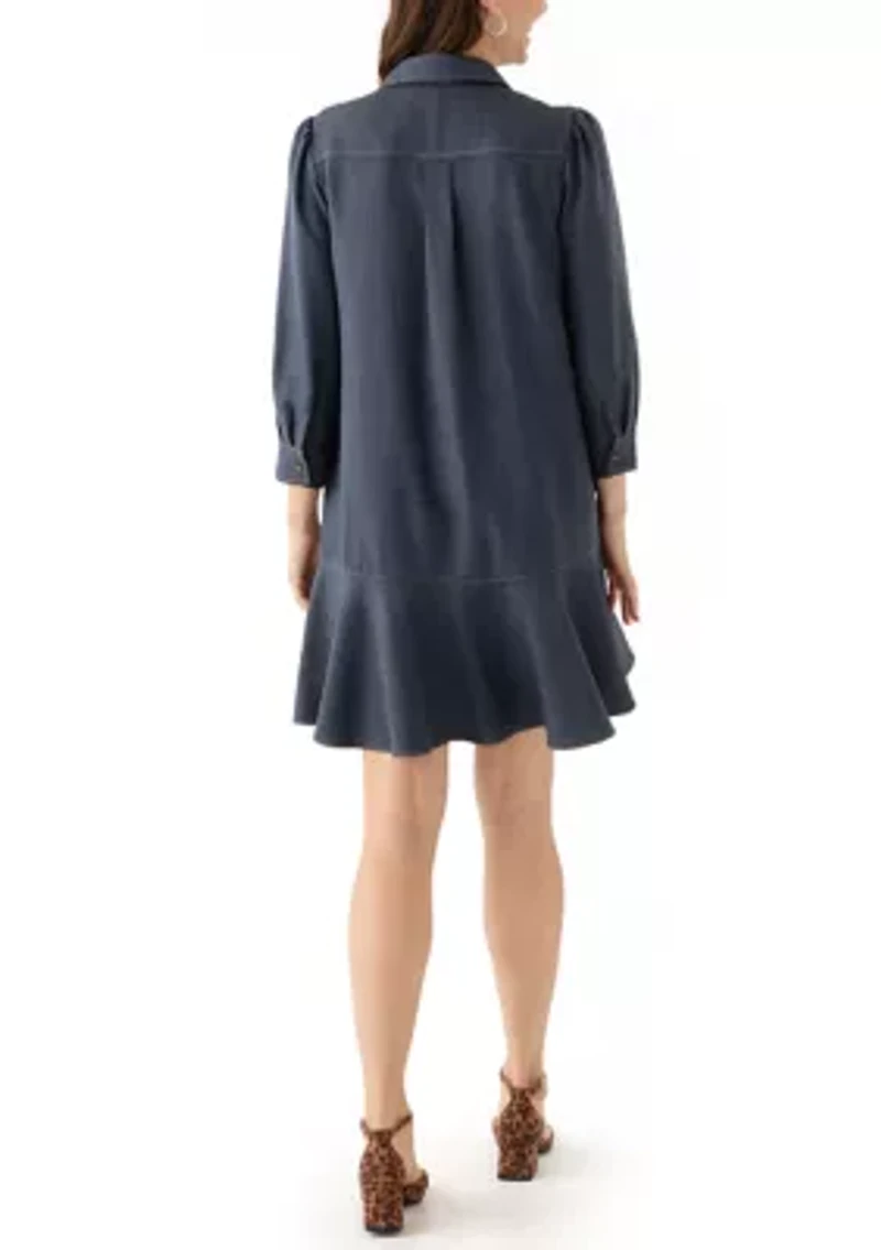 Women's 3/4 Sleeve Collar Neck Solid A-Line Dress