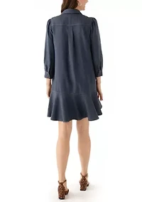 Women's 3/4 Sleeve Collar Neck Solid A-Line Dress