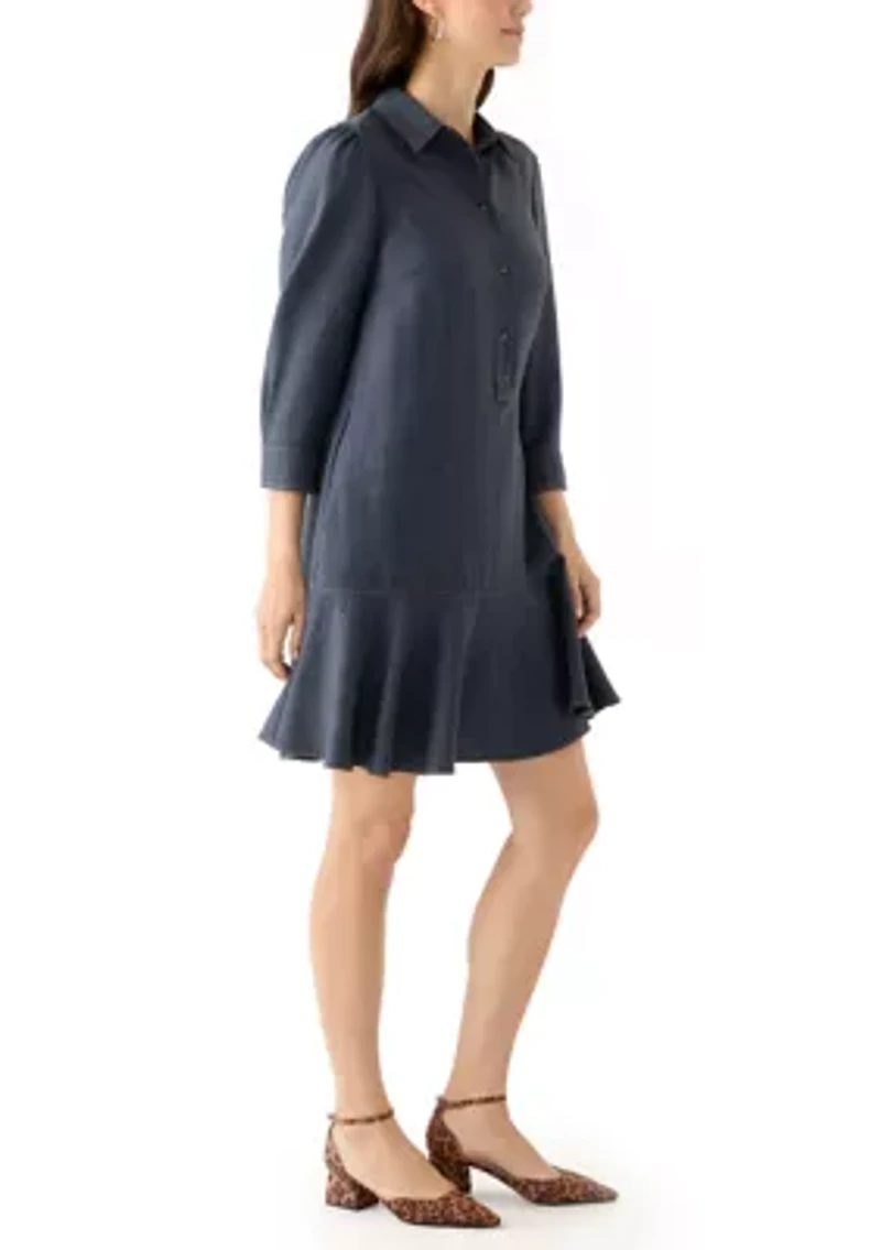 Women's 3/4 Sleeve Collar Neck Solid A-Line Dress
