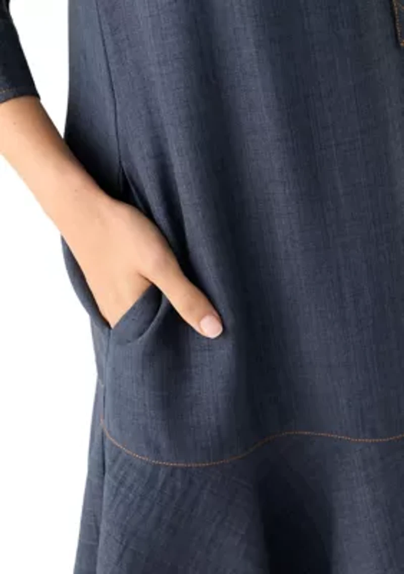 Women's 3/4 Sleeve Collar Neck Solid A-Line Dress