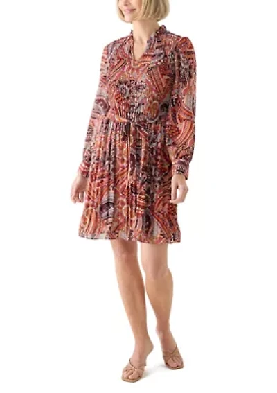 Women's Blouson Sleeve Printed Ruffle Collar Dress