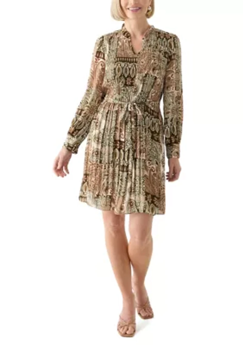 Women's Blouson Sleeve Printed Ruffle Collar Dress