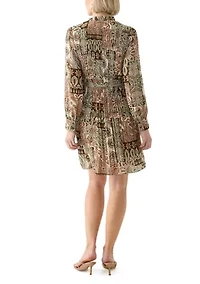 Women's Blouson Sleeve Printed Ruffle Collar Dress