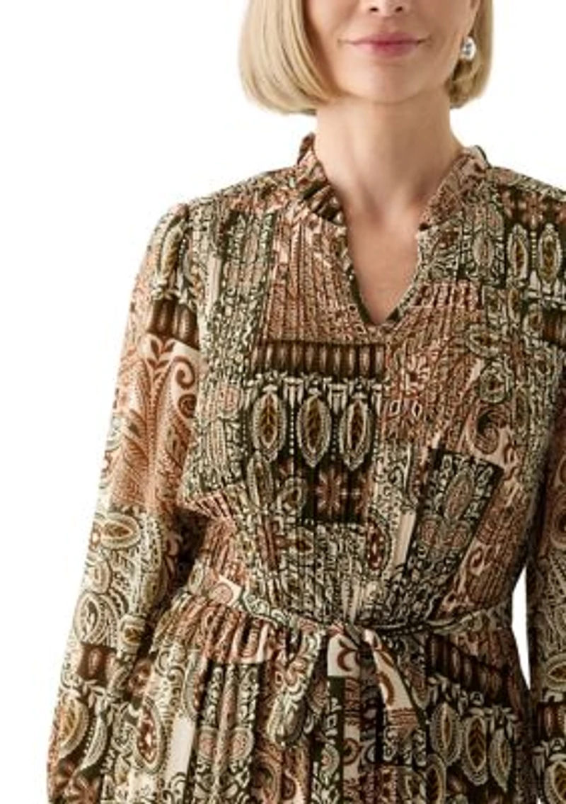 Women's Blouson Sleeve Printed Ruffle Collar Dress