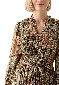 Women's Blouson Sleeve Printed Ruffle Collar Dress