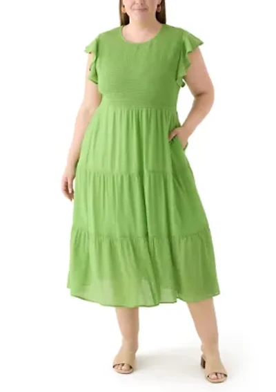 Plus Flutter Sleeve Smocked Fit and Flare Dress