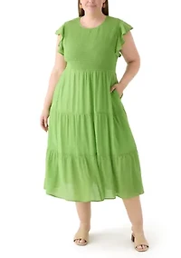 Plus Flutter Sleeve Smocked Fit and Flare Dress