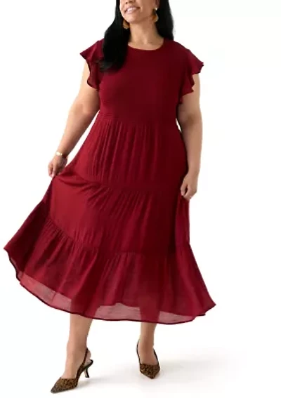 Plus Flutter Sleeve Smocked Fit and Flare Dress