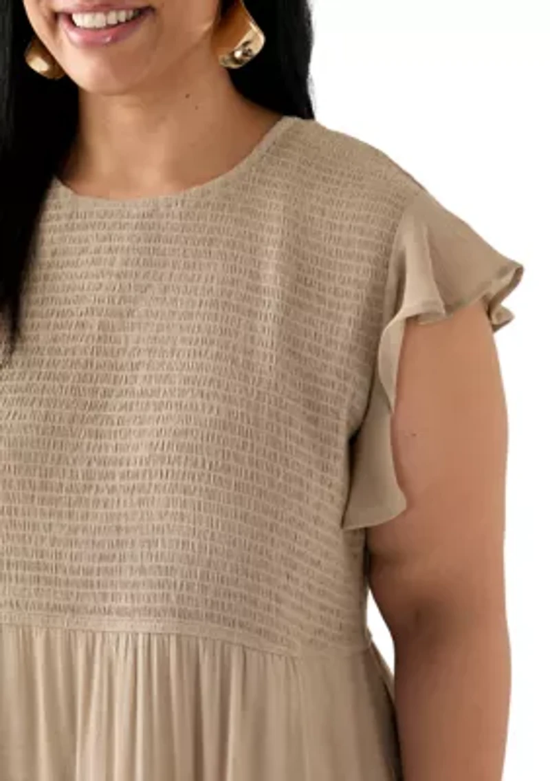 Plus Flutter Sleeve Smocked Fit and Flare Dress