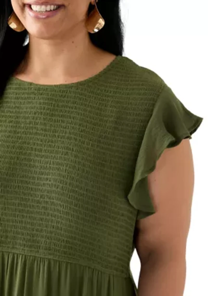 Plus Flutter Sleeve Smocked Fit and Flare Dress