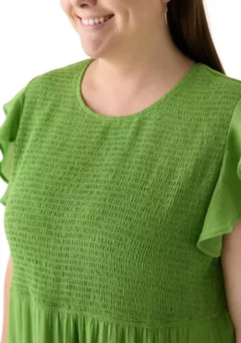 Plus Flutter Sleeve Smocked Fit and Flare Dress