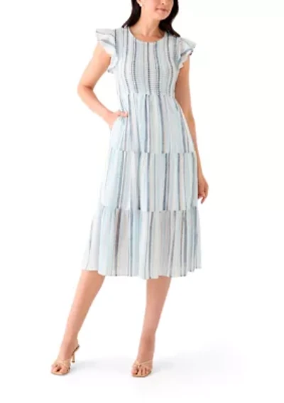 Women's Sleeveless Crew Neck Stripe Print Midi Dress