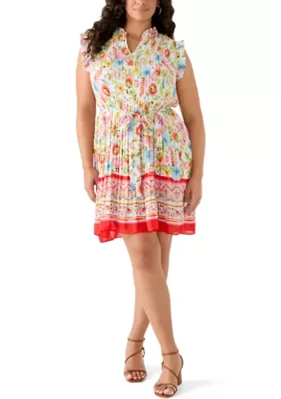 Plus Long Sleeve Pleated Mini Dress