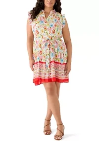 Plus Long Sleeve Pleated Mini Dress