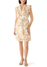 Women's Stand Up Ruffle Collar Belted Shirt Dress