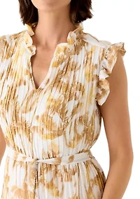 Women's Stand Up Ruffle Collar Belted Shirt Dress