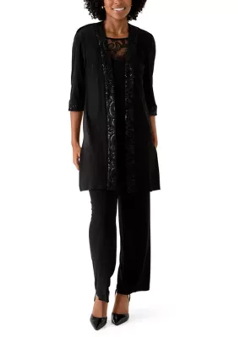 Women's 3 Piece Pant Set with Embroidered Trim