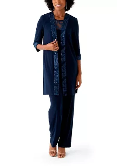 Women's 3 Piece Pant Set with Embroidered Trim