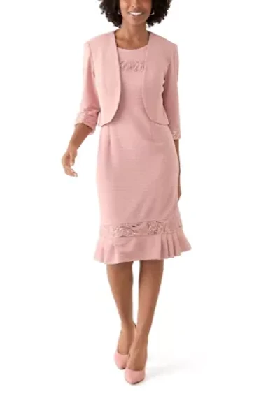 Women's Stretch Knit Jacket Dress with Pleated Flouce Embroidered Trim
