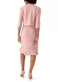 Women's Stretch Knit Jacket Dress with Pleated Flouce Embroidered Trim